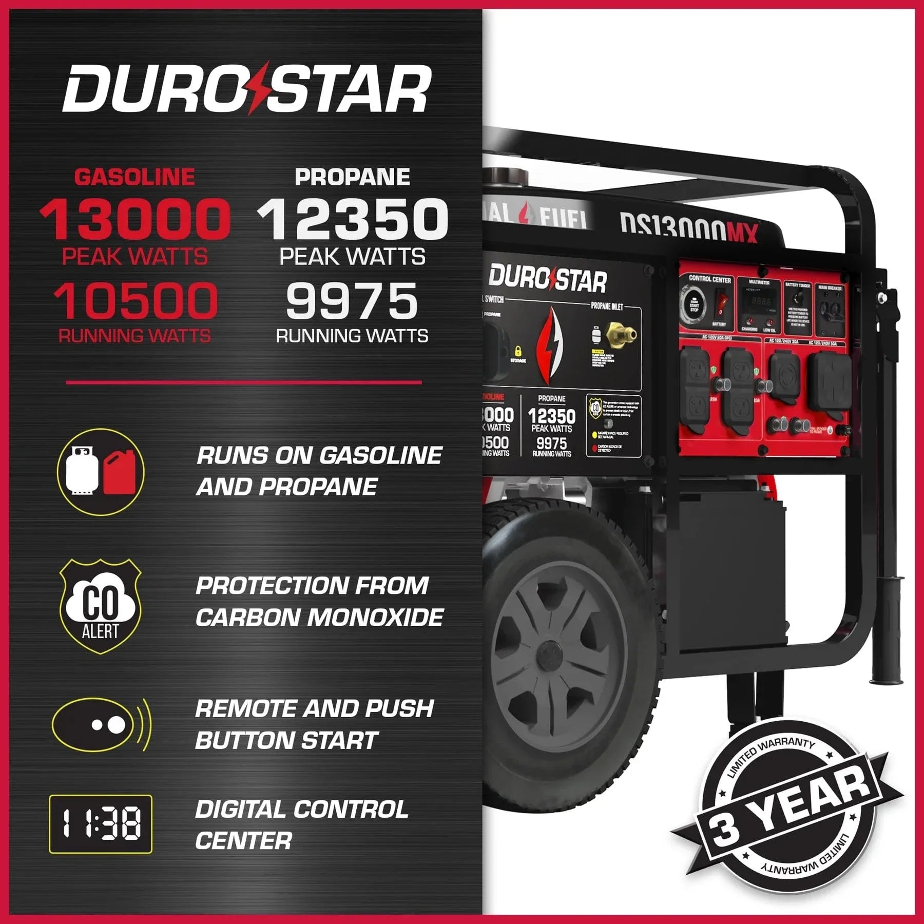 DuroStar DS13000MX 13,000W Dual Fuel Generator w/ CO Alert – AllProGenerators