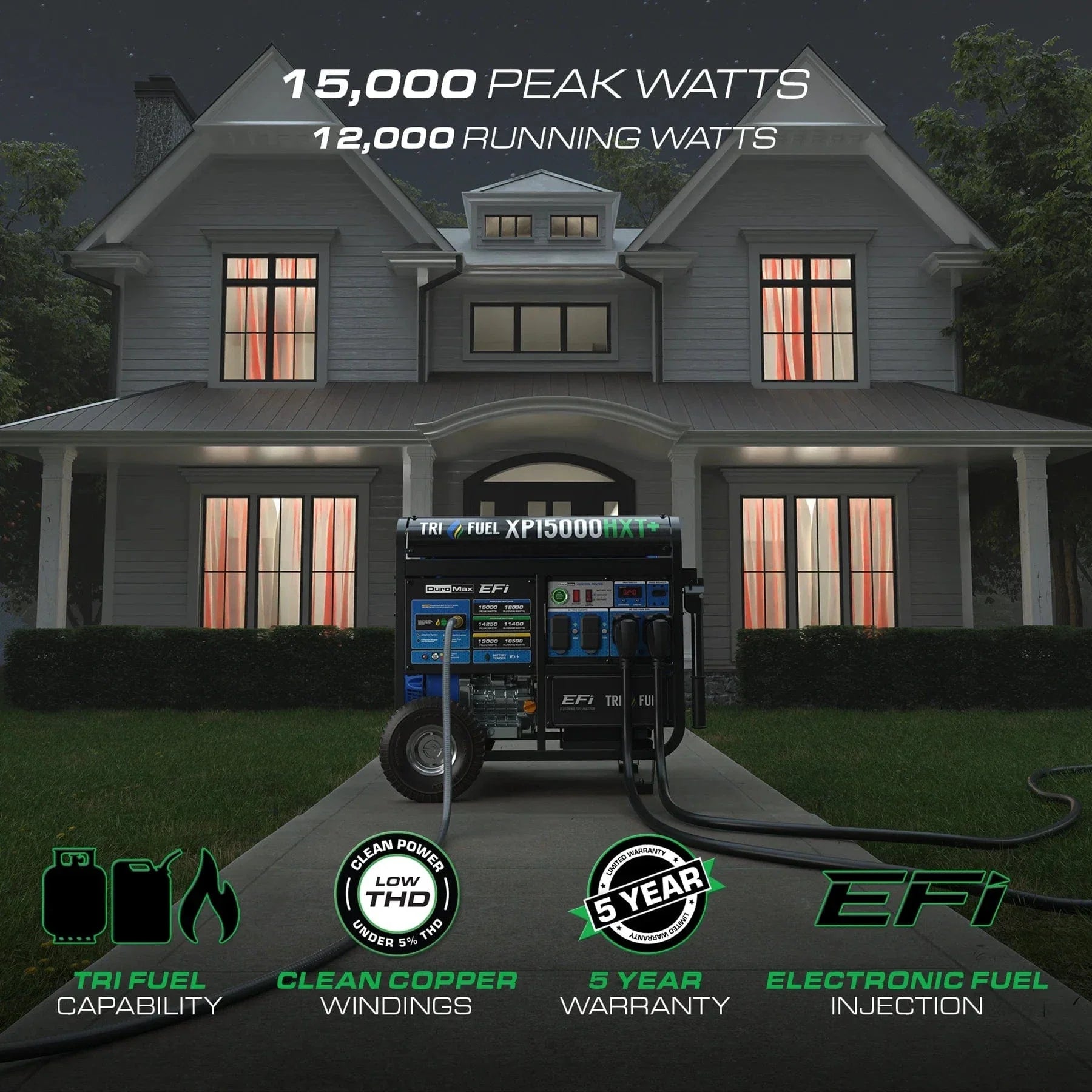 DuroMax XP15000HXT+ 15,000-Watt / 12,000-Watt EFI Tri-Fuel Portable Generator