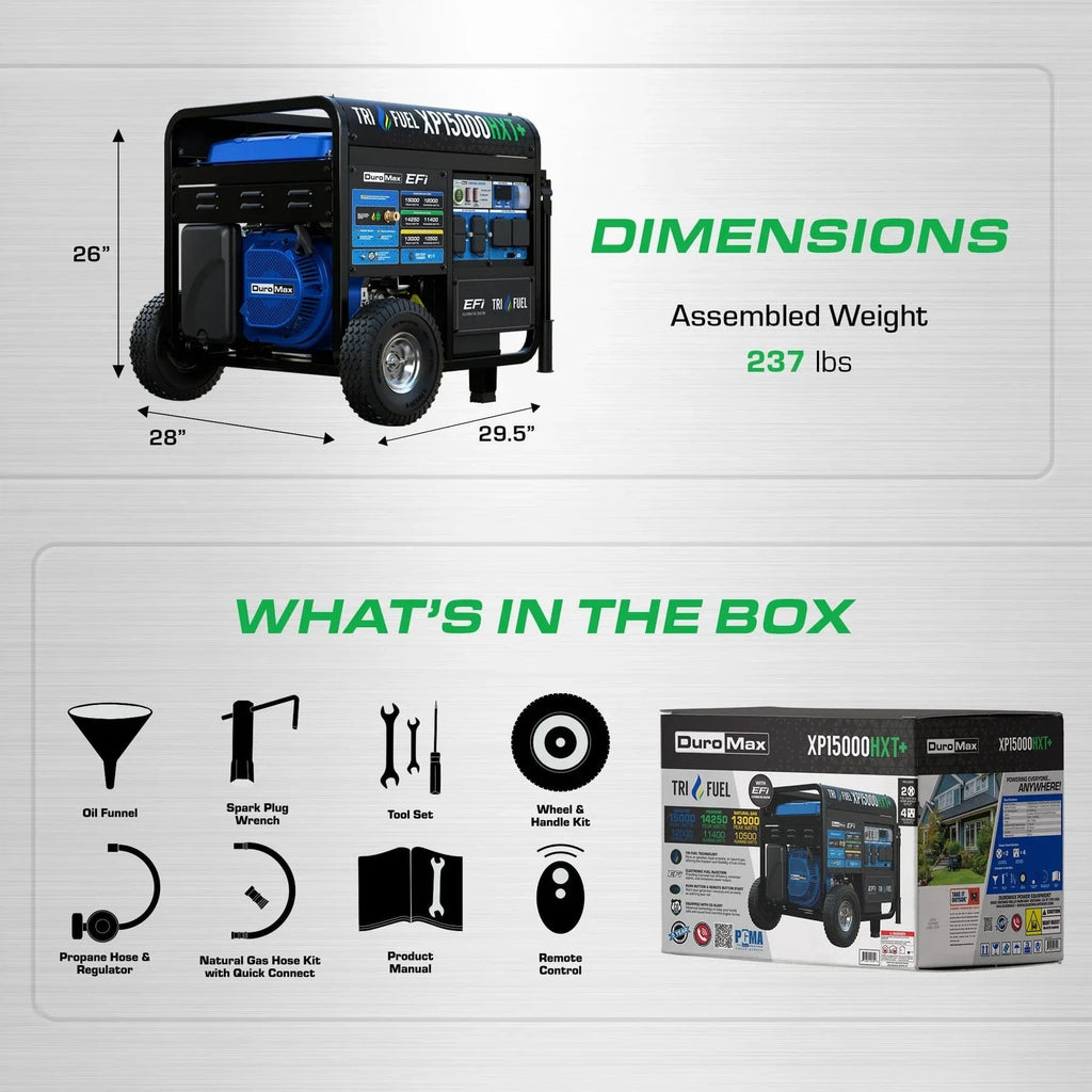 DuroMax XP15000HXT+ 15,000-Watt / 12,000-Watt EFI Tri-Fuel Portable Generator
