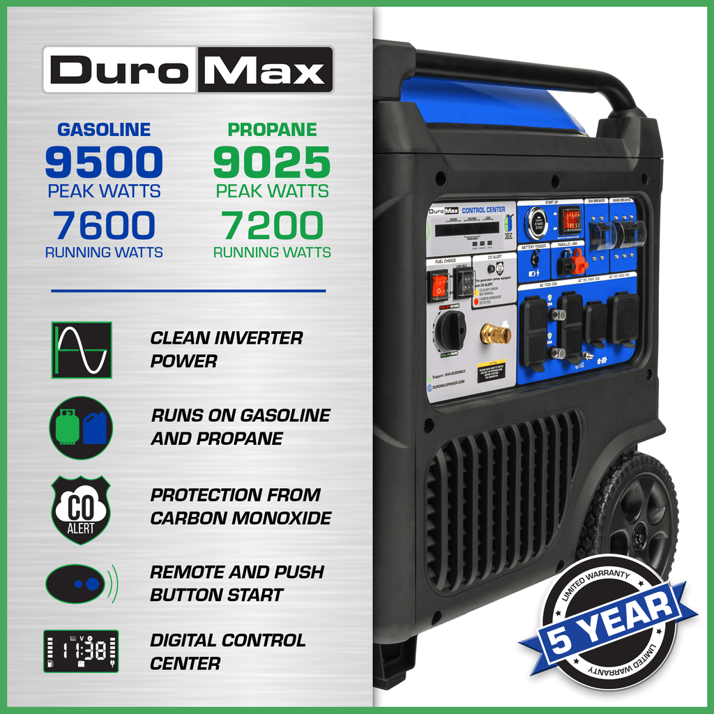 Duromax 9500 Watt  Dual Fuel Inverter Generator w/ CO Alert